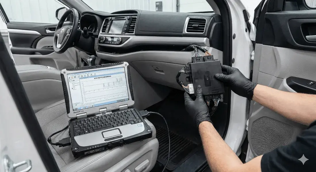 A technician holding a control module beside a laptop running reprogramming software inside a vehicle