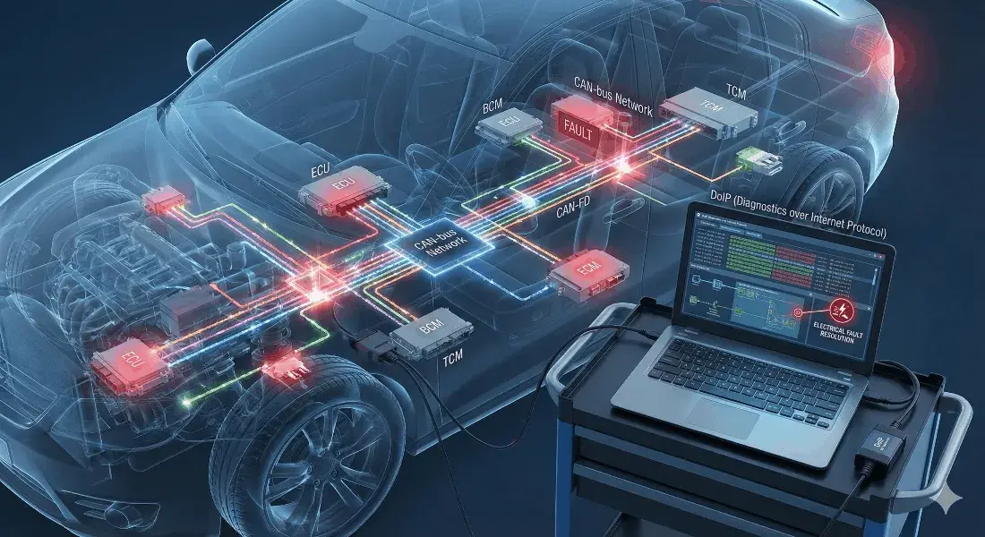 Diagram of a vehicle's control module network — ECU, ECM, BCM and TCM on the CAN bus — with one fault highlighted in red